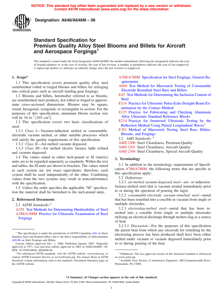 ASTM A646/A646M-06 - Standard Specification for Premium Quality Alloy Steel Blooms and Billets for Aircraft and Aerospace Forgings