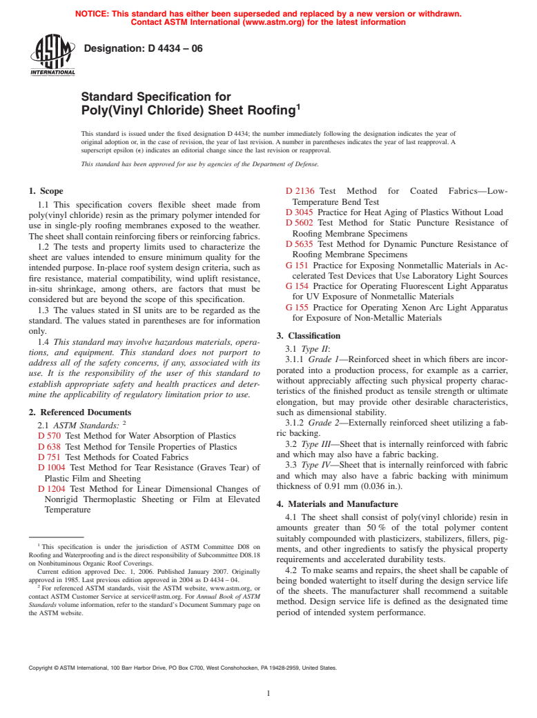 ASTM D4434-06 - Standard Specification for Poly(Vinyl Chloride) Sheet Roofing