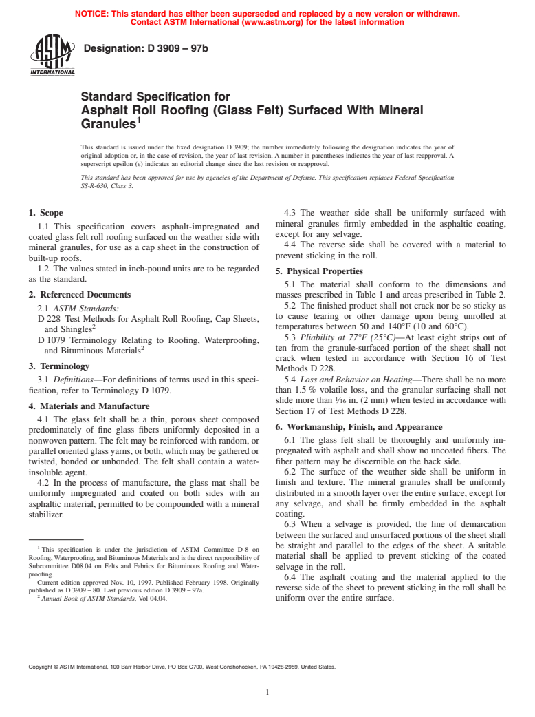 ASTM D3909-97b - Standard Specification for Asphalt Roll Roofing (Glass Felt) Surfaced With Mineral Granules