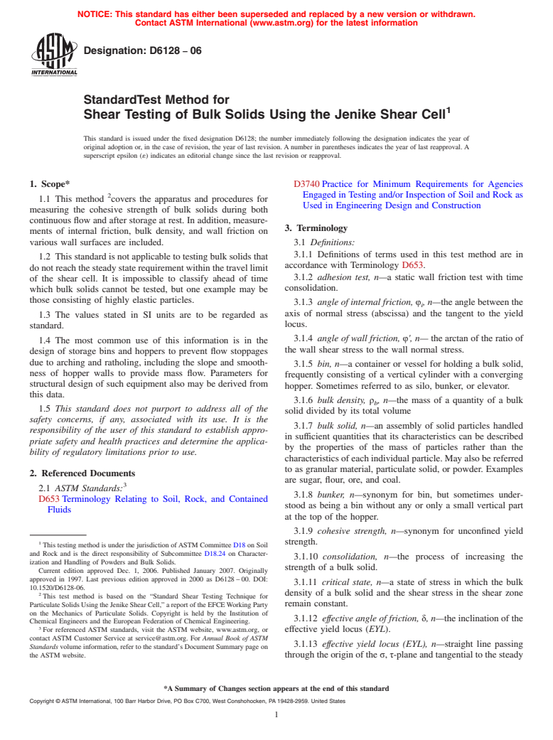 ASTM D6128-06 - Standard Test Method for Shear Testing of Bulk Solids Using the Jenike Shear Cell