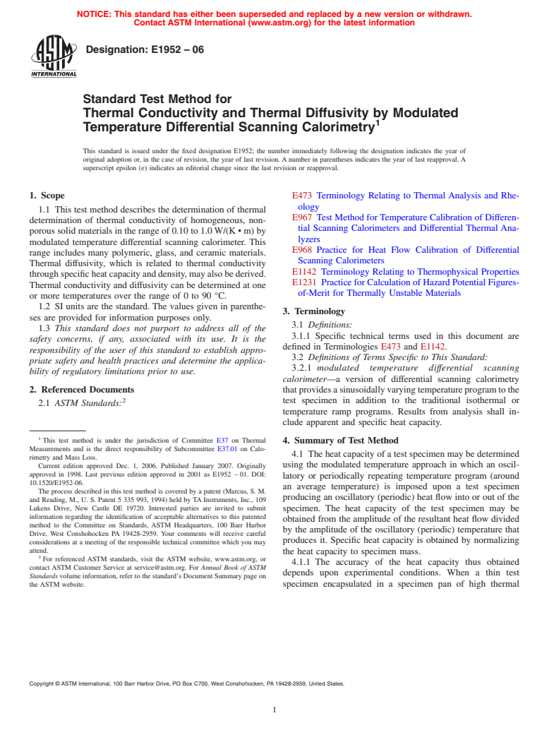 ASTM E1952-06 - Standard Test Method for Thermal Conductivity and Thermal Diffusivity by Modulated Temperature Differential Scanning Calorimetry