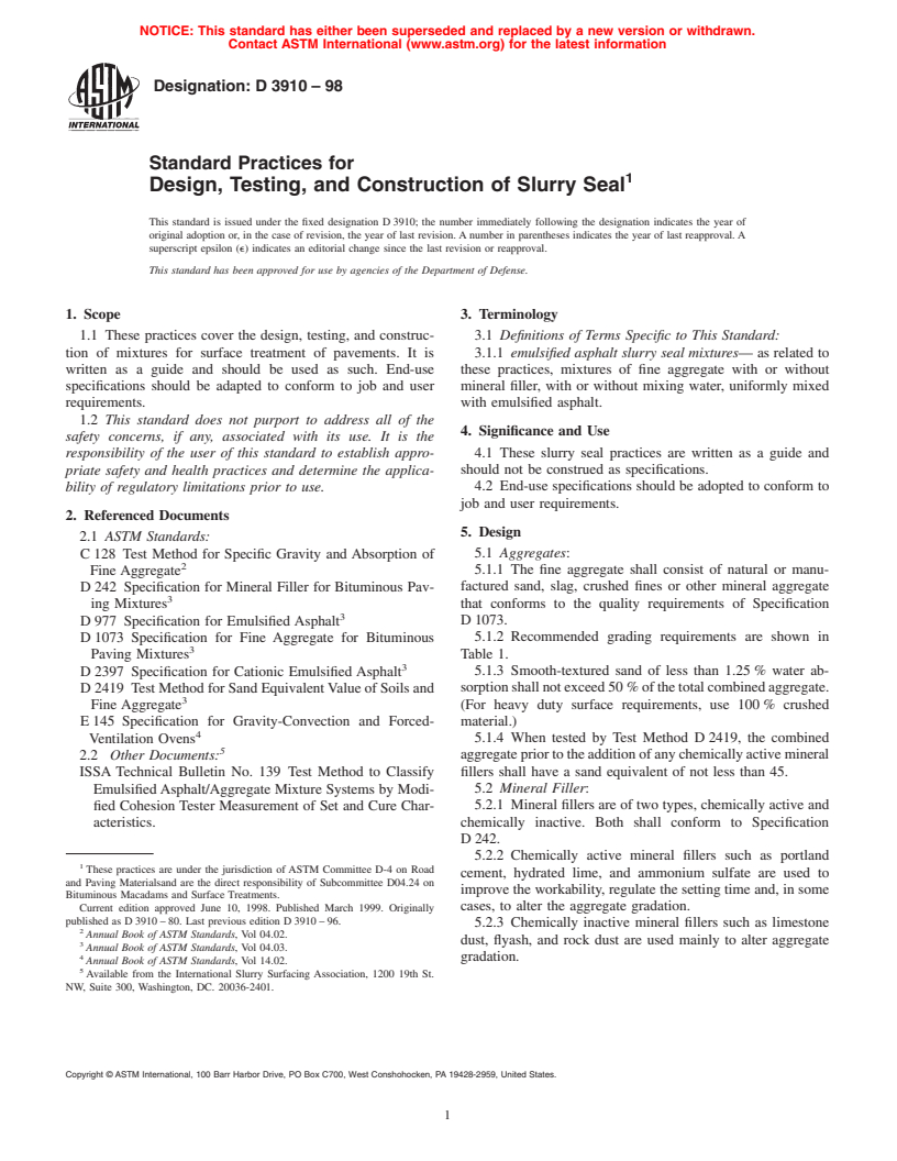 ASTM D3910-98 - Standard Practices for Design, Testing, and Construction of Slurry Seal