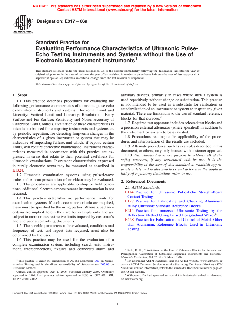 ASTM E317-06a - Standard Practice for Evaluating Performance Characteristics of Ultrasonic Pulse-Echo Testing Instruments and Systems without the Use of Electronic Measurement Instruments