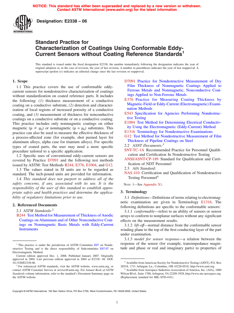 ASTM E2338-06 - Standard Practice for Characterization of Coatings Using Conformable Eddy-Current Sensors without Coating Reference Standards