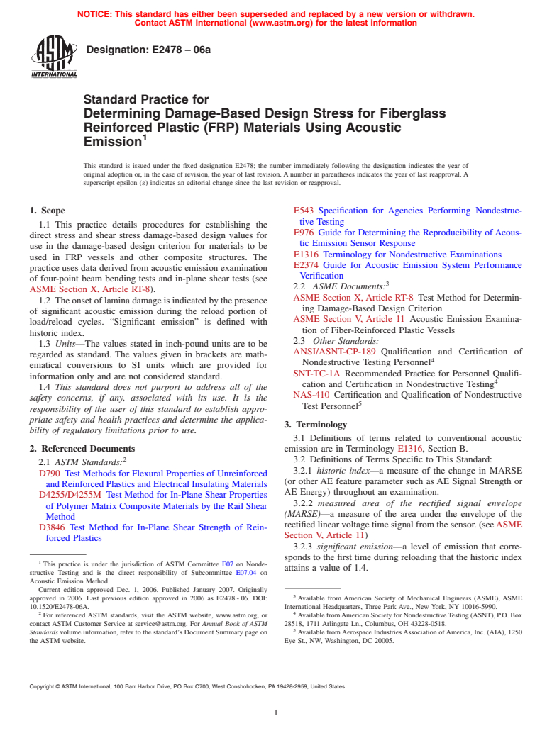 ASTM E2478-06a - Standard Practice for Determining Damage-Based Design Stress for Fiberglass Reinforced Plastic (FRP) Materials Using Acoustic Emission