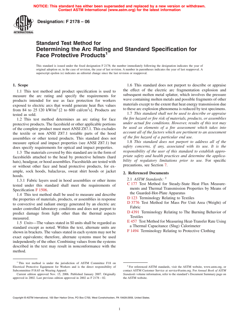 ASTM F2178-06 - Standard Test Method for Determining the Arc Rating and Standard Specification for Face Protective Products