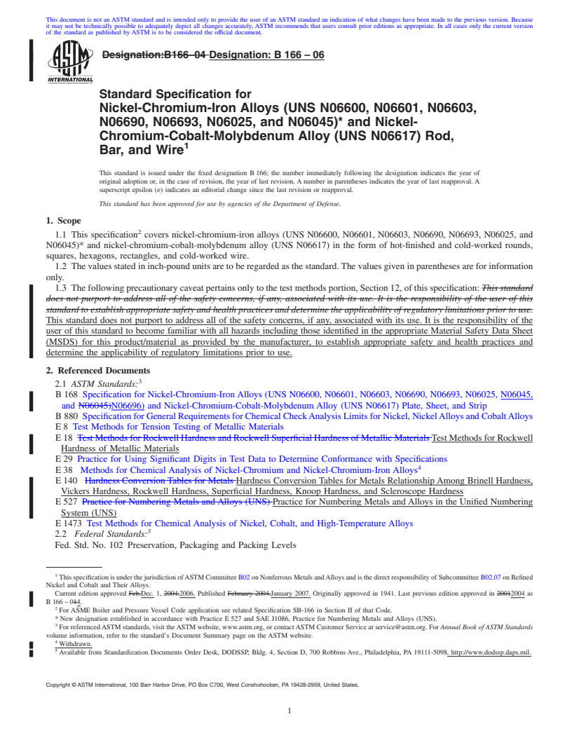 REDLINE ASTM B166-06 - Standard Specification for Nickel-Chromium-Iron Alloys (UNS N06600, N06601, N06603, N06690, N06693, N06025, and N06045)* and Nickel-Chromium-Cobalt-Molybdenum Alloy (UNS N06617) Rod, Bar, and Wire