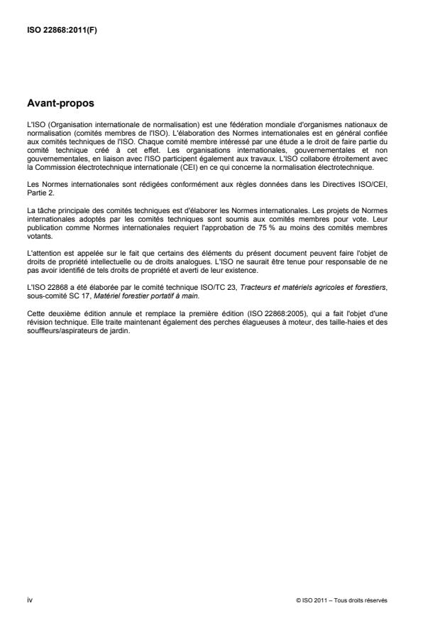 ISO 22868:2011 ISO 22868:2011 - Machines forestieres et machines de jardin -- Code d'essai acoustique pour machines portatives tenues a la main a moteur a combustion interne -- Méthode d'expertise (classe de précision 2) - Page 4 preview