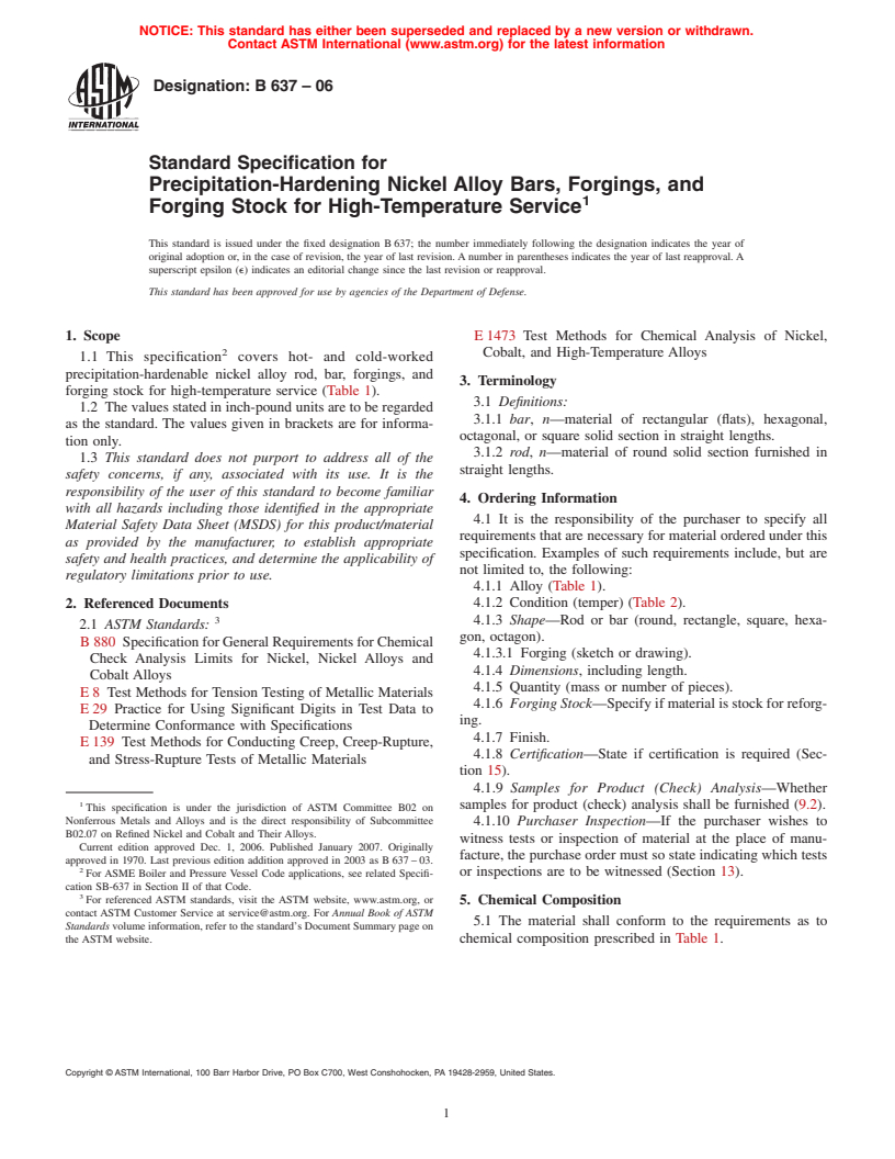 ASTM B637-06 - Standard Specification for Precipitation-Hardening Nickel Alloy Bars, Forgings, and Forging Stock for High-Temperature Service