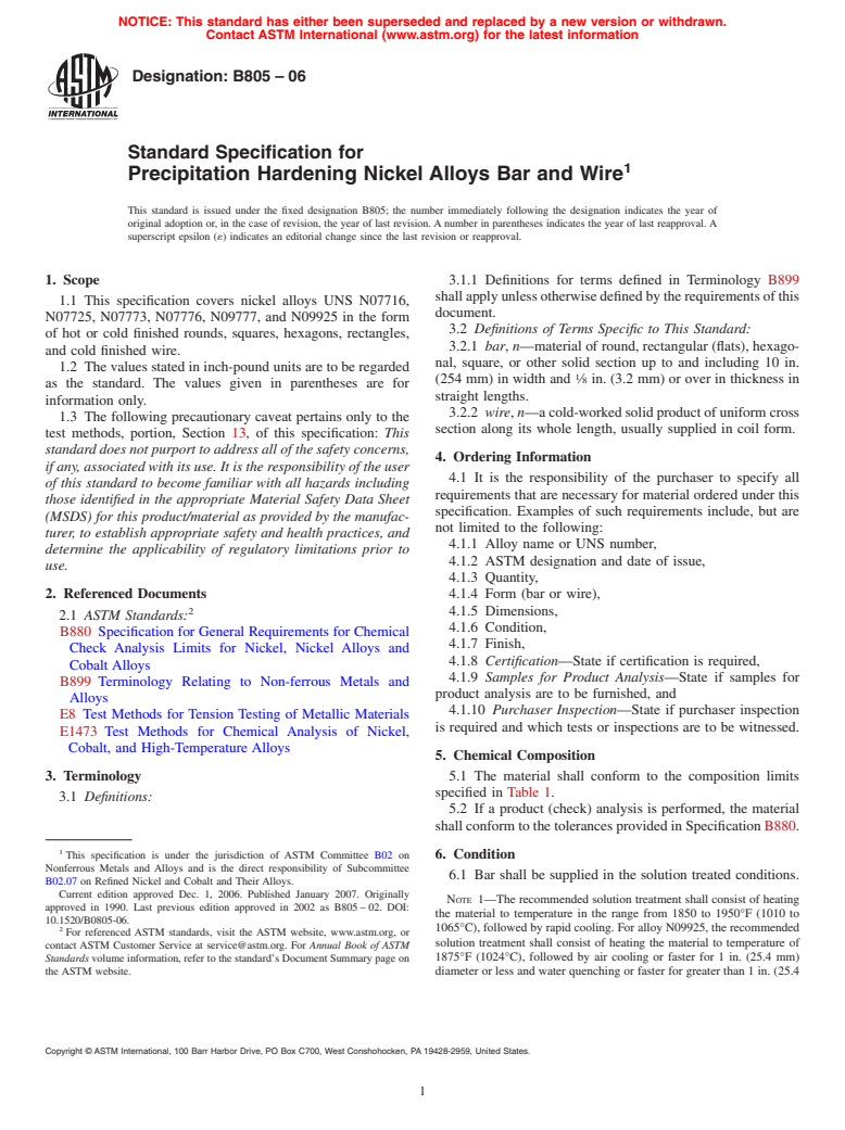 ASTM B805-06 - Standard Specification for Precipitation Hardening Nickel Alloys Bar and Wire