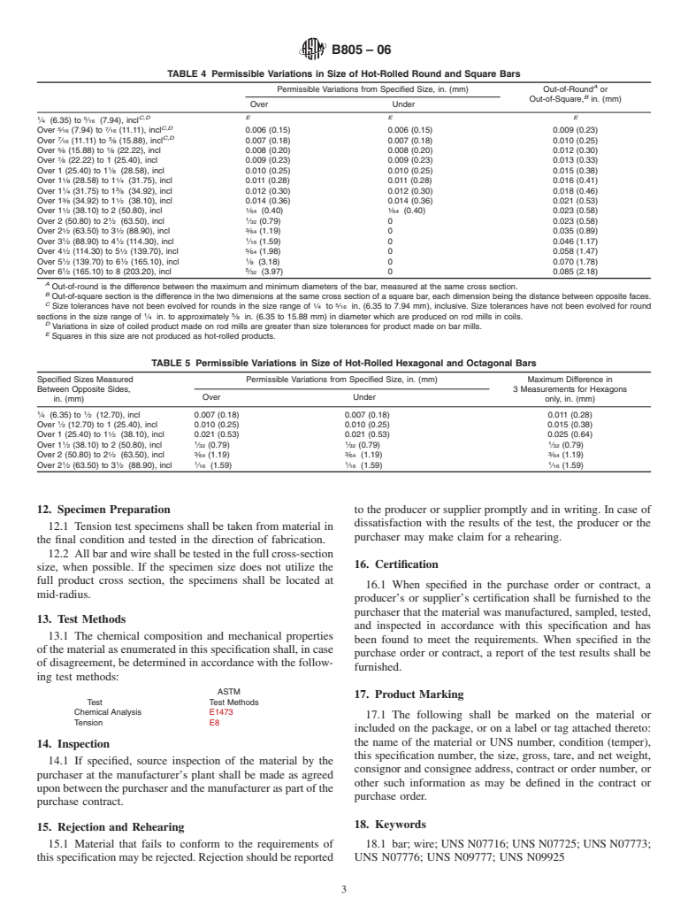 ASTM B805-06 - Standard Specification for Precipitation Hardening Nickel Alloys Bar and Wire