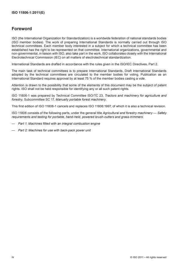 ISO 11806-1:2011 ISO 11806-1:2011 - Agricultural and forestry machinery -- Safety requirements and testing for portable, hand-held, powered brush-cutters and grass-trimmers - Page 4 preview