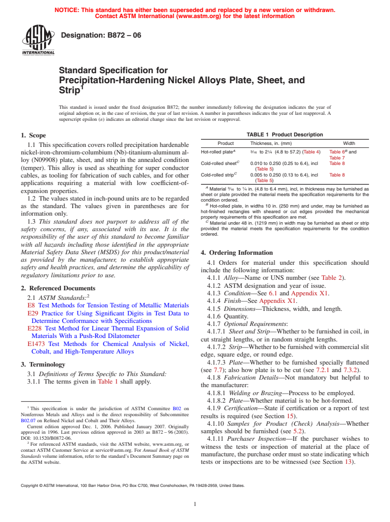 ASTM B872-06 - Standard Specification for Precipitation-Hardening Nickel Alloys Plate, Sheet, and Strip