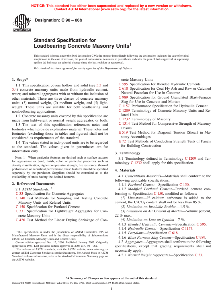 ASTM C90-06b - Standard Specification for Loadbearing Concrete Masonry Units