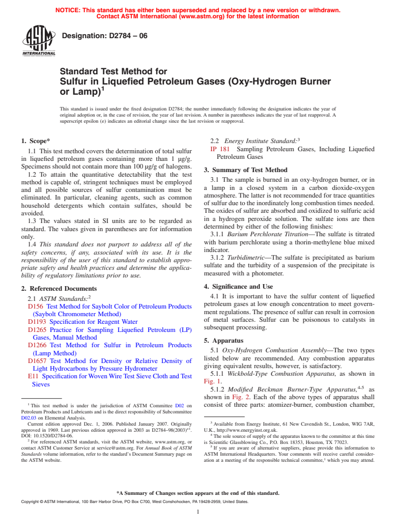 ASTM D2784-06 - Standard Test Method for Sulfur in Liquefied Petroleum Gases (Oxy-Hydrogen Burner or Lamp)