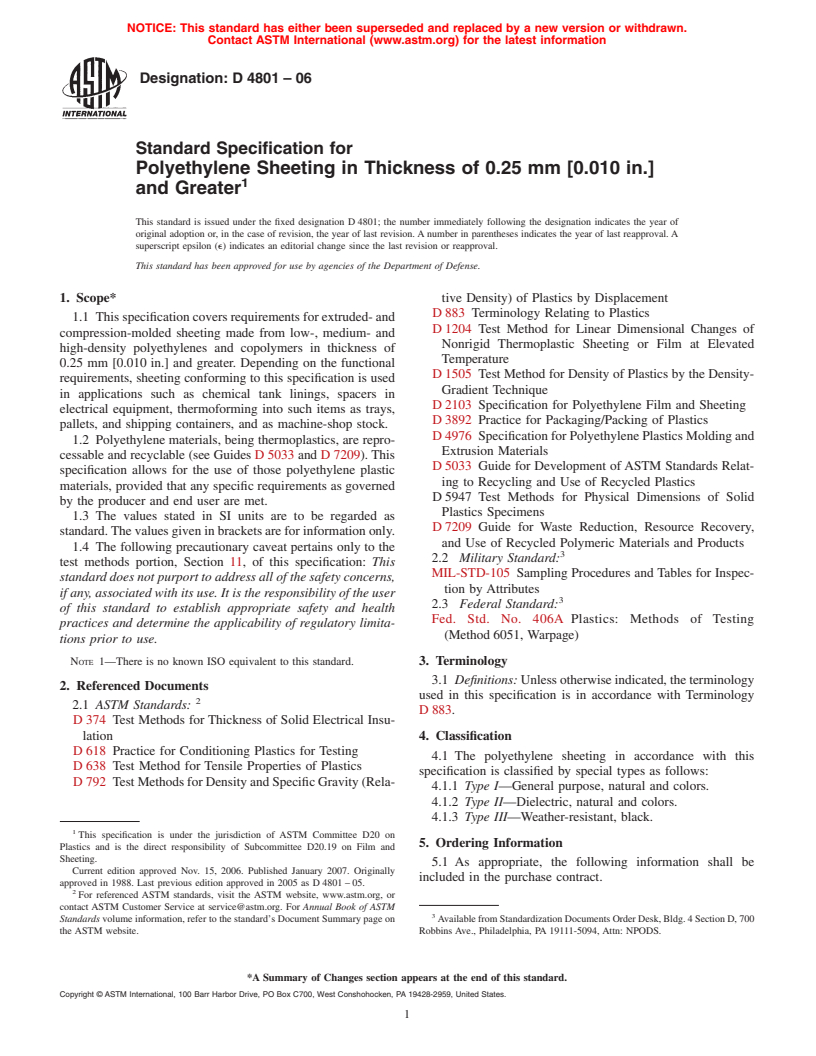 ASTM D4801-06 - Standard Specification for Polyethylene Sheeting in Thickness of 0.25 mm [0.010 in.] and Greater