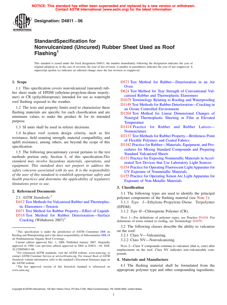 ASTM D4811-06 - Standard Specification for Nonvulcanized (Uncured) Rubber Sheet Used as Roof Flashing