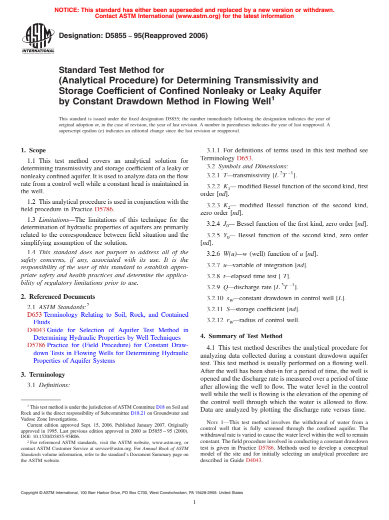 ASTM D5855-95(2006) - Standard Test Method for  (Analytical Procedure) for Determining Transmissivity and Storage Coefficient of Confined Nonleaky or Leaky Aquifer by Constant Drawdown Method in Flowing Well