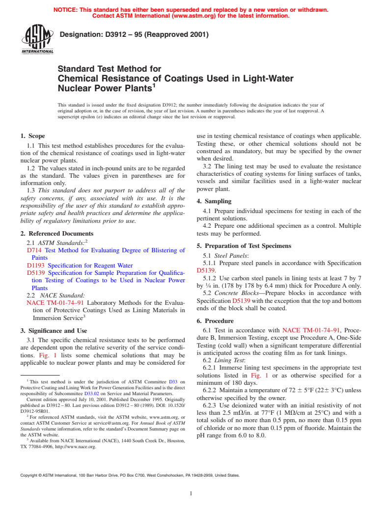 ASTM D3912-95(2001) - Standard Test Method for Chemical Resistance of Coatings Used in Light-Water Nuclear Power Plants (Withdrawn 2010)