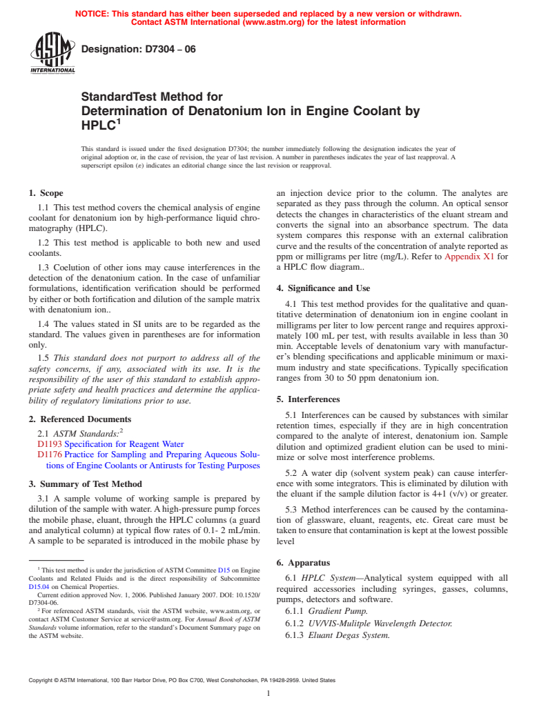 ASTM D7304-06 - Standard Test Method for Determination of Denatonium Ion in Engine Coolant by HPLC