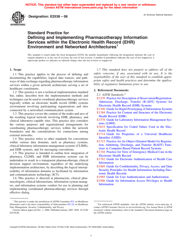 ASTM E2538-06 - Standard Practice for Defining and Implementing Pharmacotherapy Information Services within the Electronic Health Record (EHR) Environment and Networked Architectures