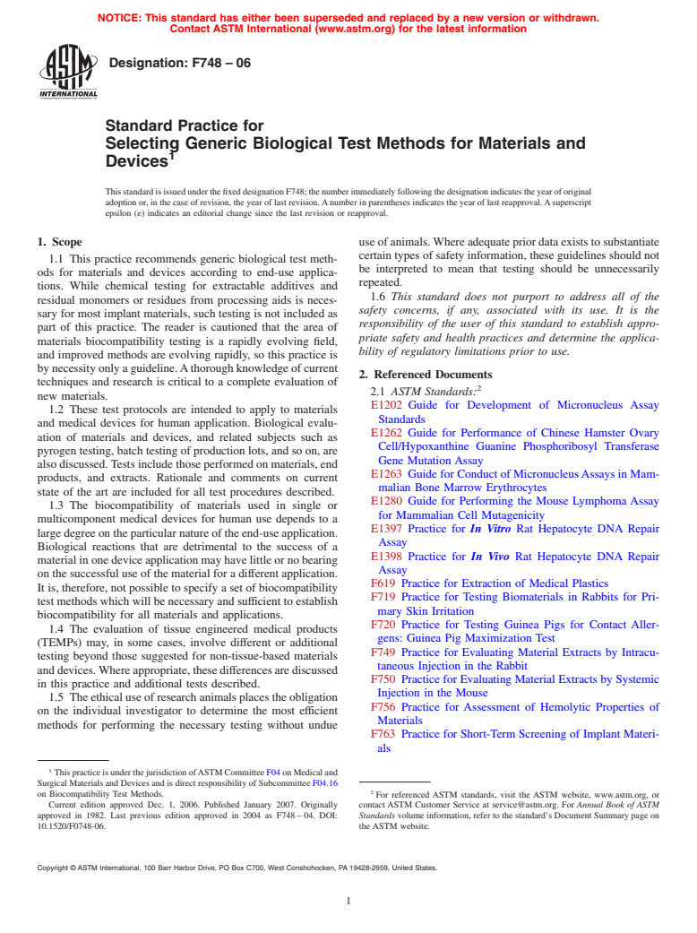 ASTM F748-06 - Standard Practice for Selecting Generic Biological Test Methods for Materials and Devices