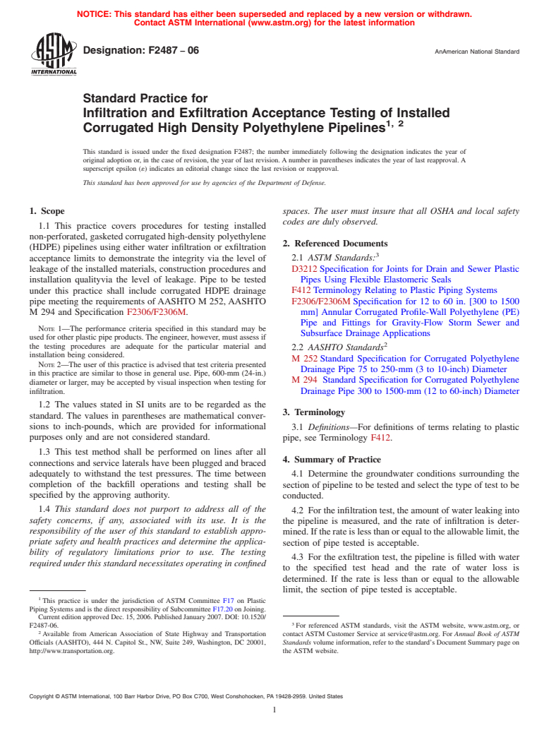 ASTM F2487-06 - Standard Practice for Infiltration and Exfiltration Acceptance Testing of Installed Corrugated High Density Polyethylene Pipelines