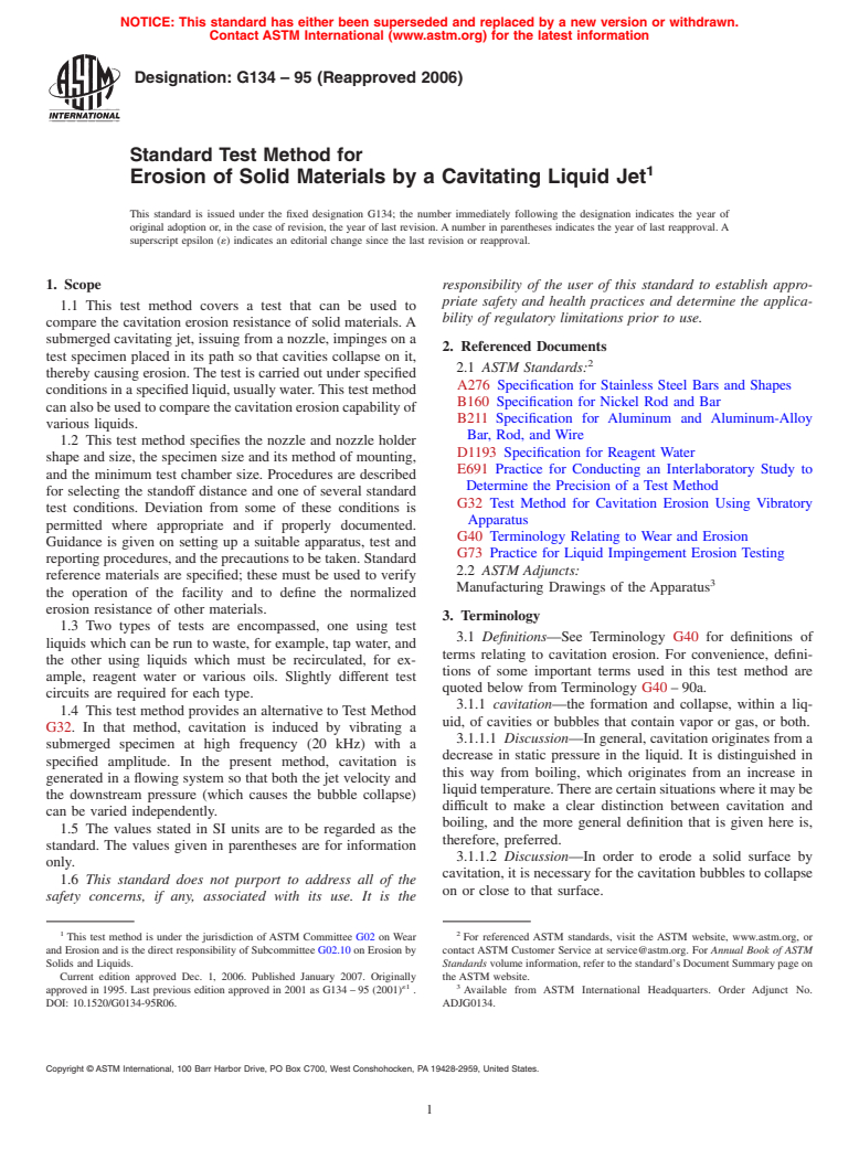 ASTM G134-95(2006) - Standard Test Method for Erosion of Solid Materials by a Cavitating Liquid Jet