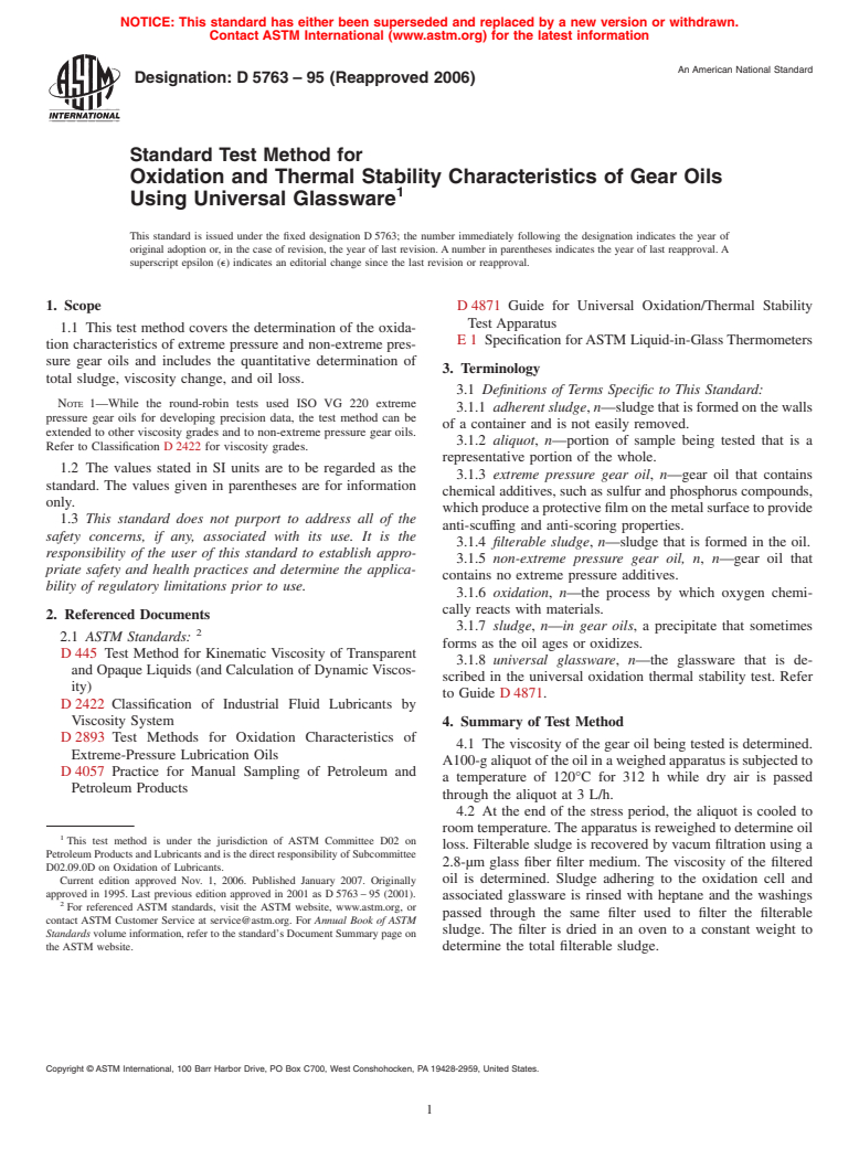 ASTM D5763-95(2006) - Standard Test Method for Oxidation and Thermal Stability Characteristics of Gear Oils Using Universal Glassware