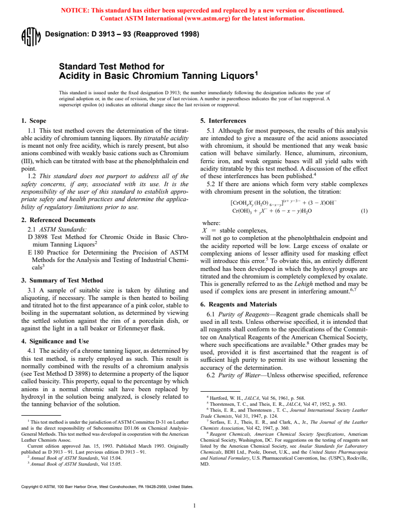 ASTM D3913-93(1998) - Standard Test Method for Acidity in Basic Chromium Tanning Liquors