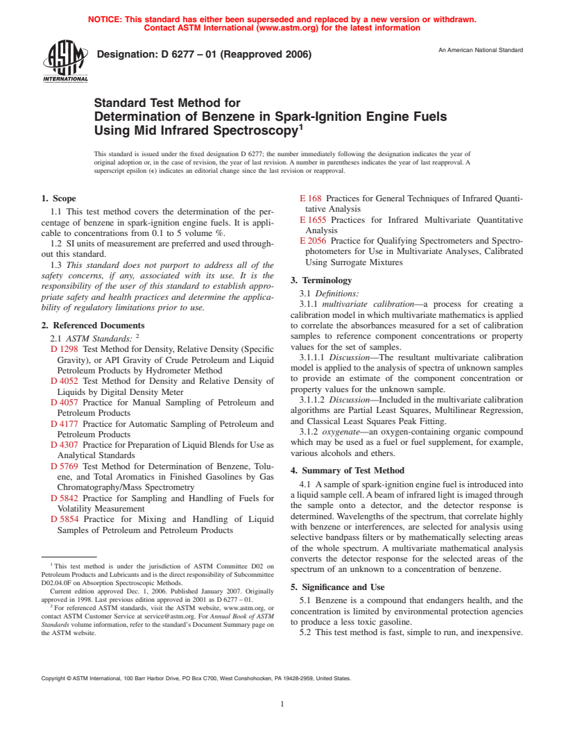 ASTM D6277-01(2006) - Standard Test Method for Determination of Benzene in Spark-Ignition Engine Fuels Using Mid Infrared Spectroscopy