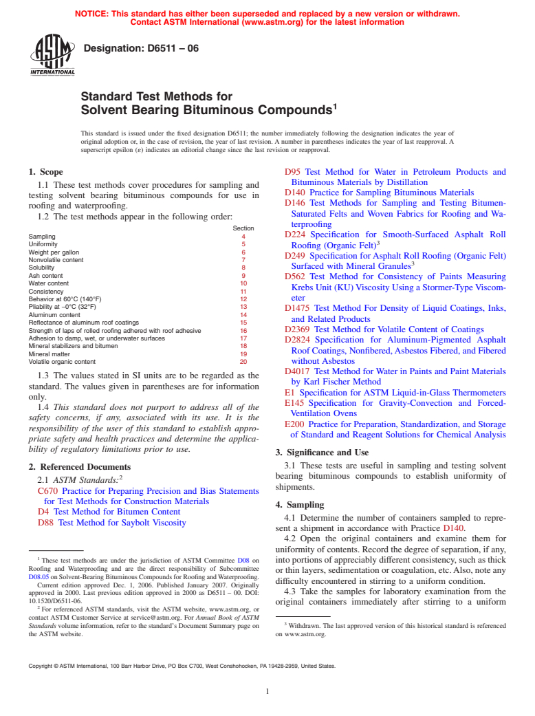 ASTM D6511-06 - Standard Test Methods for Solvent Bearing Bituminous Compounds