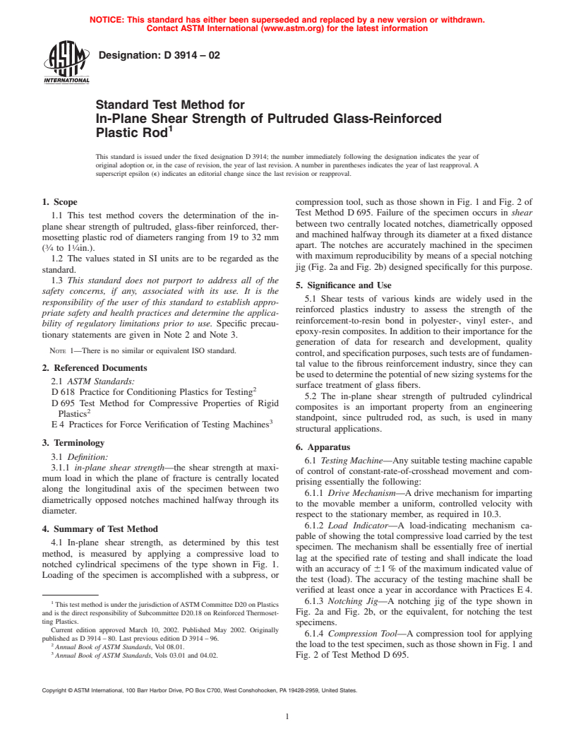 ASTM D3914-02 - Standard Test Method for In-Plane Shear Strength of Pultruded Glass-Reinforced Plastic Rod