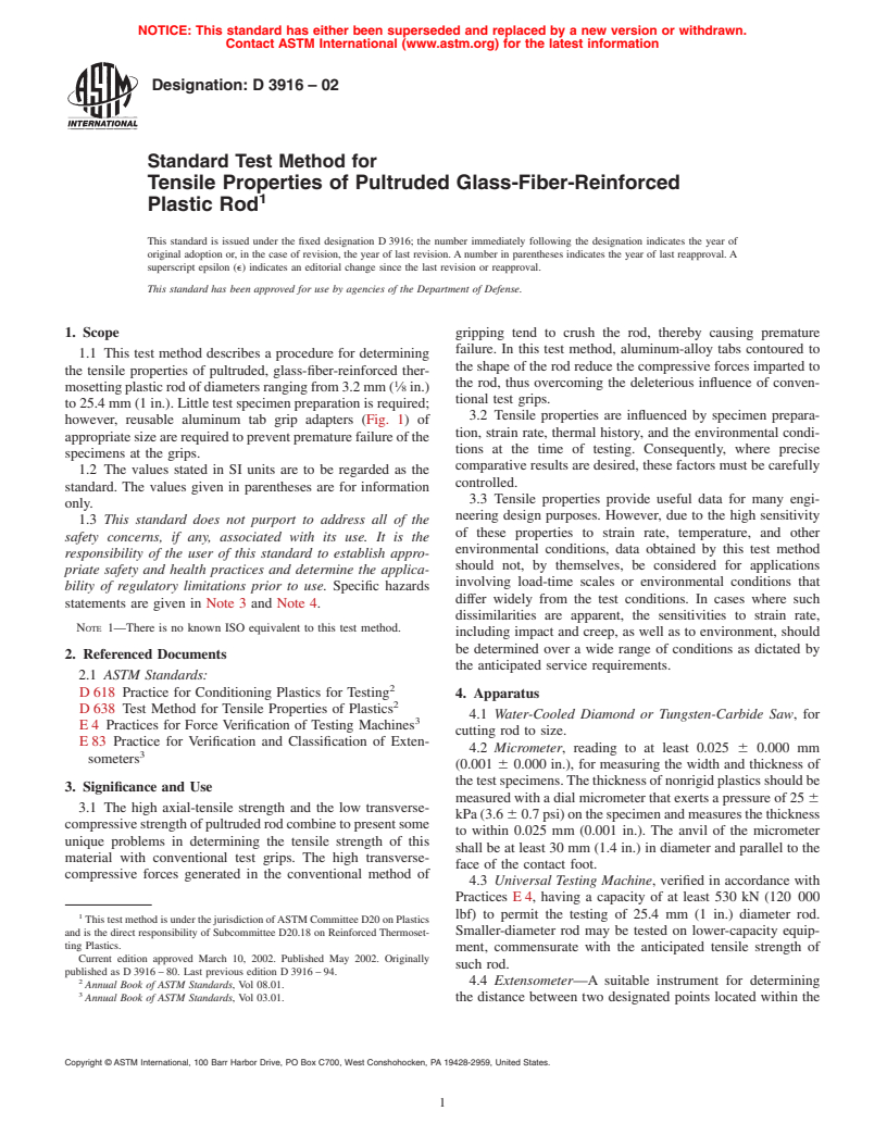 ASTM D3916-02 - Standard Test Method for Tensile Properties of Pultruded Glass-Fiber-Reinforced Plastic Rod