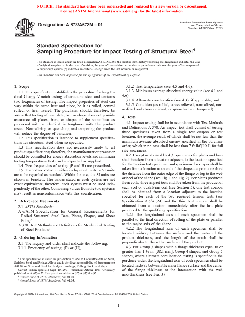 ASTM A673/A673M-01 - Standard Specification for Sampling Procedure for Impact Testing of Structural Steel