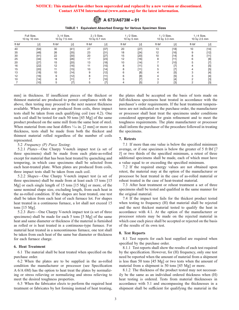 ASTM A673/A673M-01 - Standard Specification for Sampling Procedure for Impact Testing of Structural Steel