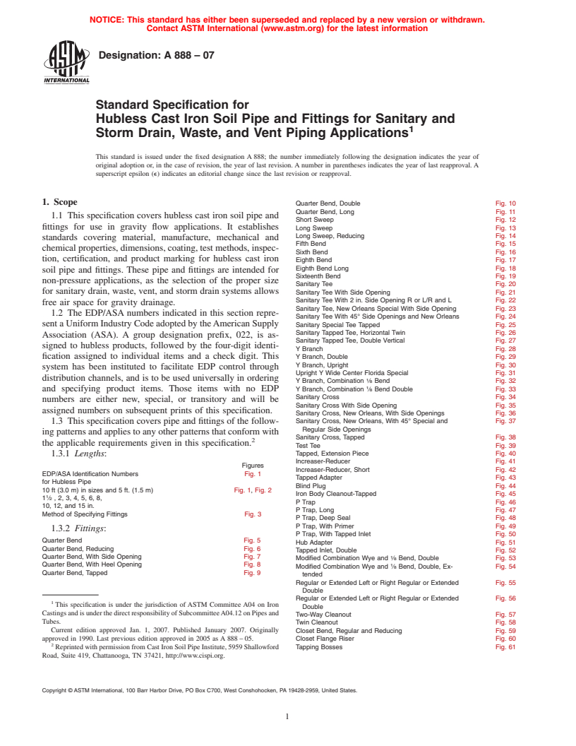ASTM A888-07 - Standard Specification for Hubless Cast Iron Soil Pipe and Fittings for Sanitary and Storm Drain, Waste, and Vent Piping Applications
