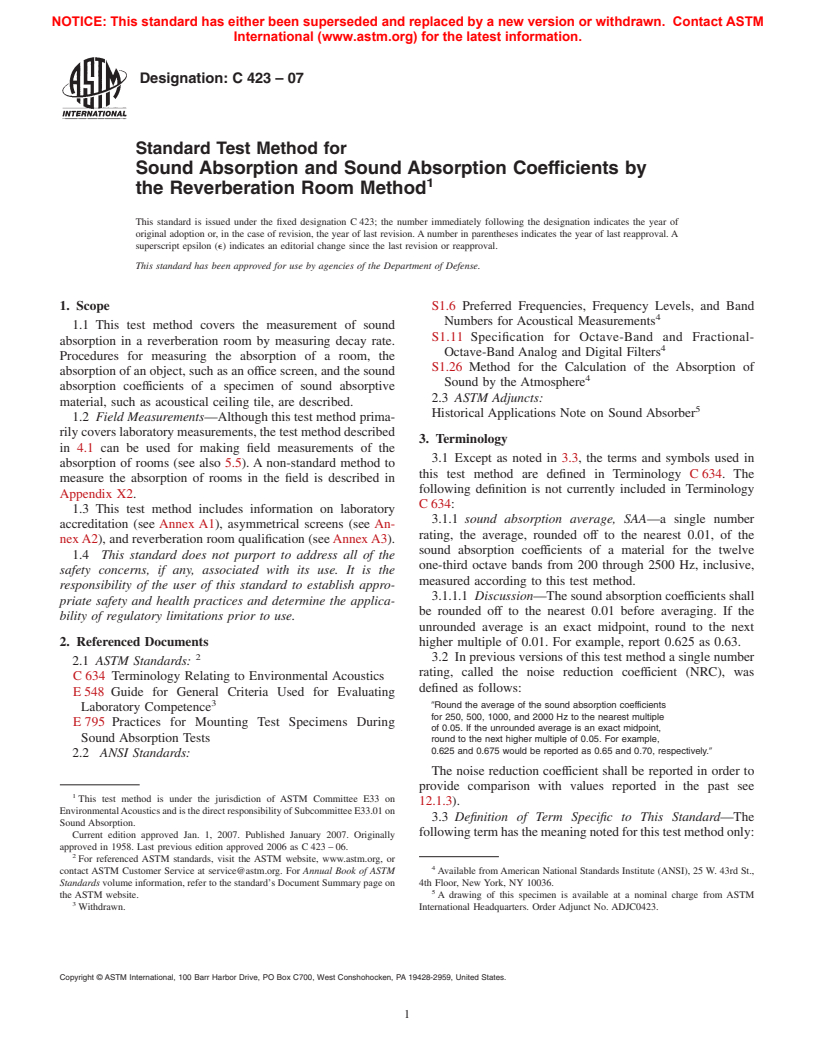 ASTM C423-07 - Standard Test Method for Sound Absorption and Sound Absorption Coefficients by the Reverberation Room Method