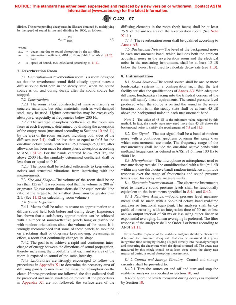 ASTM C423-07 - Standard Test Method for Sound Absorption and Sound Absorption Coefficients by the Reverberation Room Method