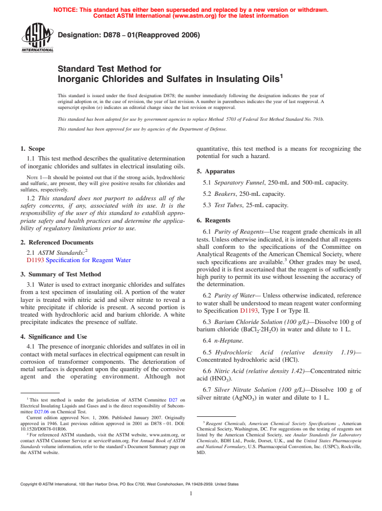 ASTM D878-01(2006) - Standard Test Method for Inorganic Chlorides and Sulfates in Insulating Oils (Withdrawn 2015)