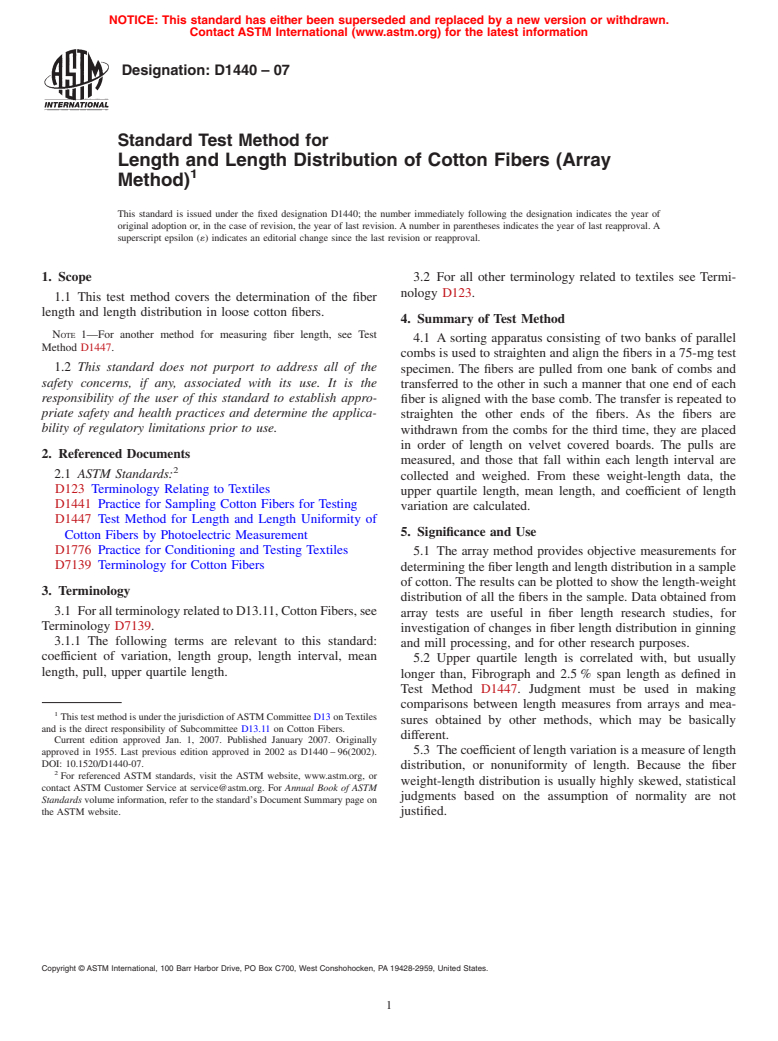 ASTM D1440-07 - Standard Test Method for Length and Length Distribution of Cotton Fibers (Array Method)
