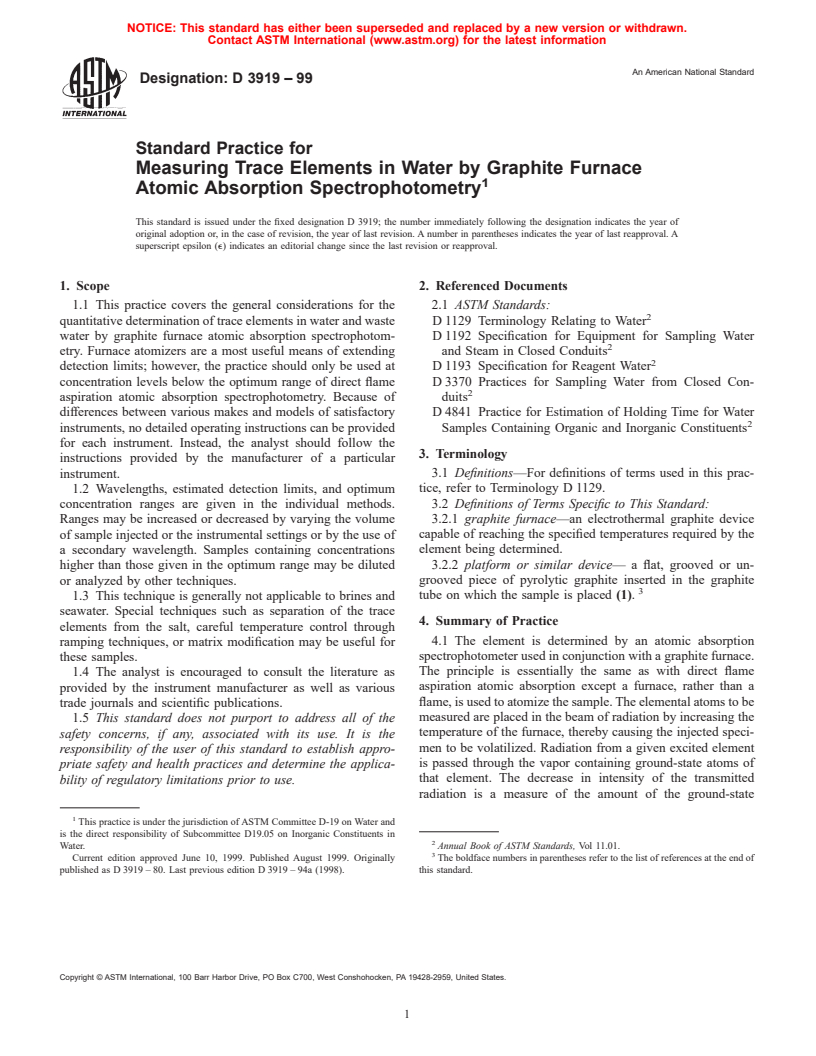ASTM D3919-99 - Standard Practice for Measuring Trace Elements in Water by Graphite Furnace Atomic Absorption Spectrophotometry