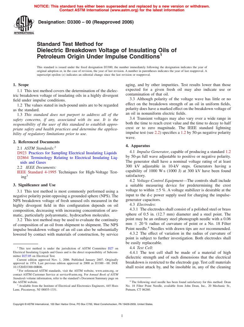 ASTM D3300-00(2006) - Standard Test Method for Dielectric Breakdown Voltage of Insulating Oils of Petroleum Origin Under Impulse Conditions