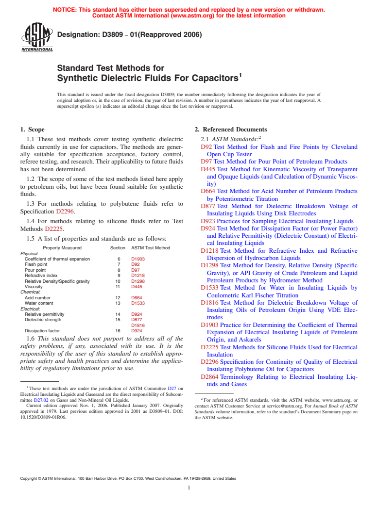 ASTM D3809-01(2006) - Standard Test Methods for Synthetic Dielectric Fluids For Capacitors (Withdrawn 2015)