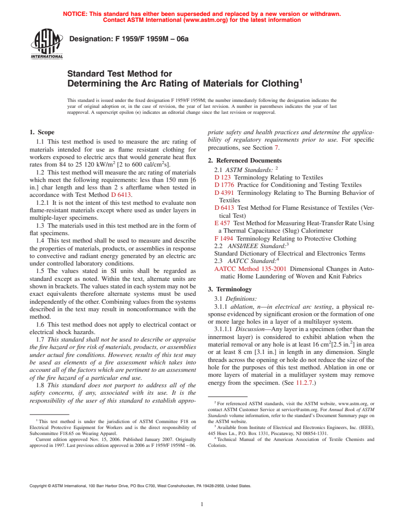 ASTM F1959/F1959M-06a - Standard Test Method for Determining the Arc Rating of Materials for Clothing