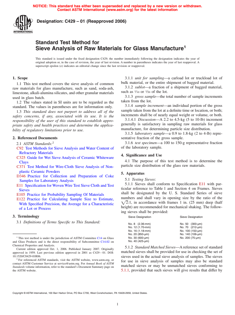 ASTM C429-01(2006) - Standard Test Method for Sieve Analysis of Raw Materials for Glass Manufacture