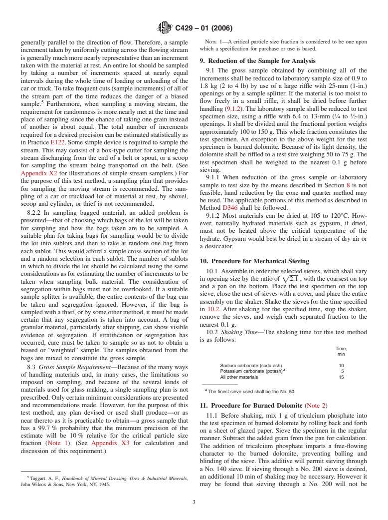 ASTM C429-01(2006) - Standard Test Method for Sieve Analysis of Raw Materials for Glass Manufacture