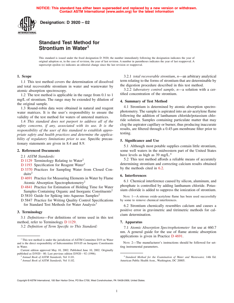 ASTM D3920-02 - Standard Test Method for Strontium in Water