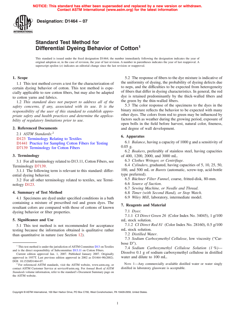 ASTM D1464-07 - Standard Test Method for Differential Dyeing Behavior of Cotton