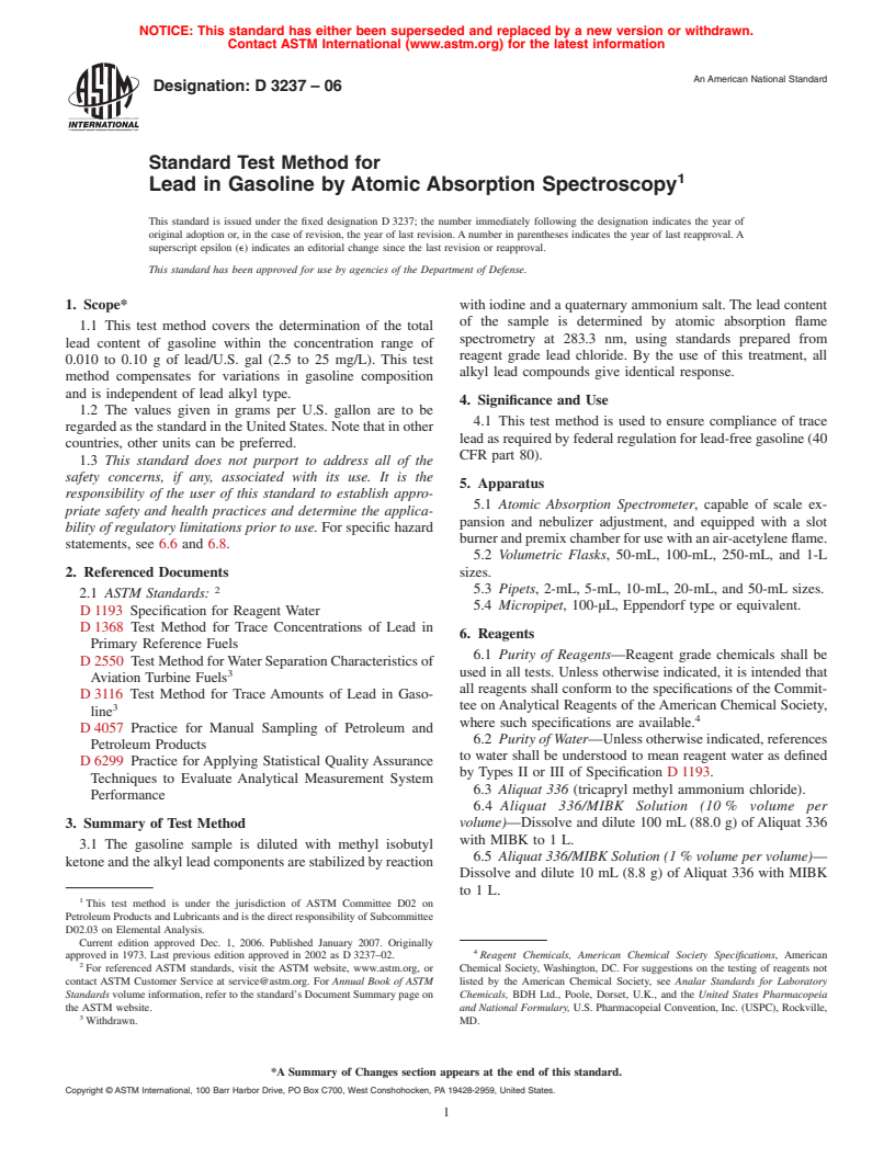 ASTM D3237-06 - Standard Test Method for Lead in Gasoline by Atomic Absorption Spectroscopy